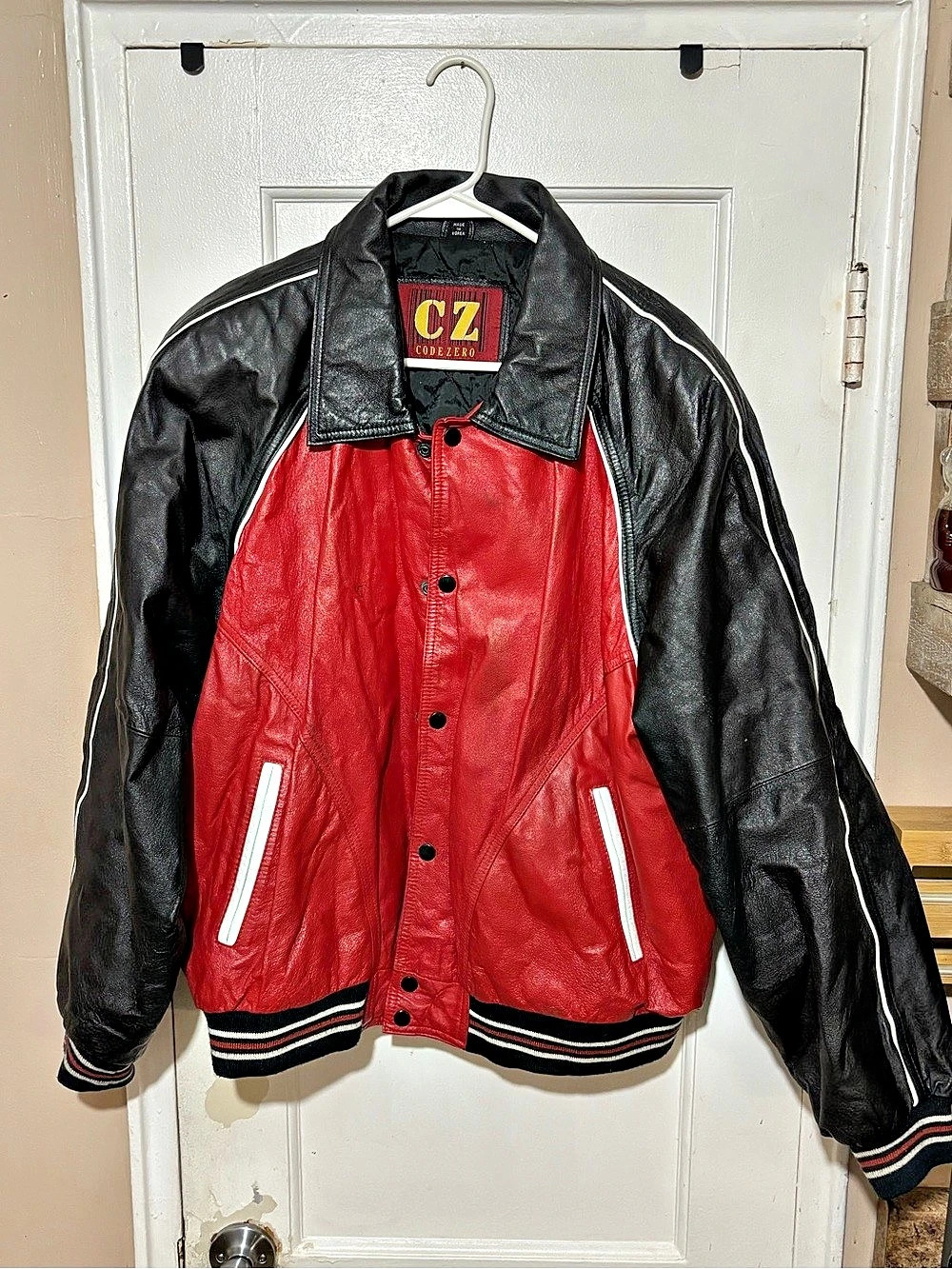 Vintage 90s Code Zero Varsity Leather Jacket Color Block Red Black XL Men’s.